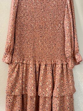 J Robert’s Smocked Tiered Midi Dress in Peach with Abstract Spot Print